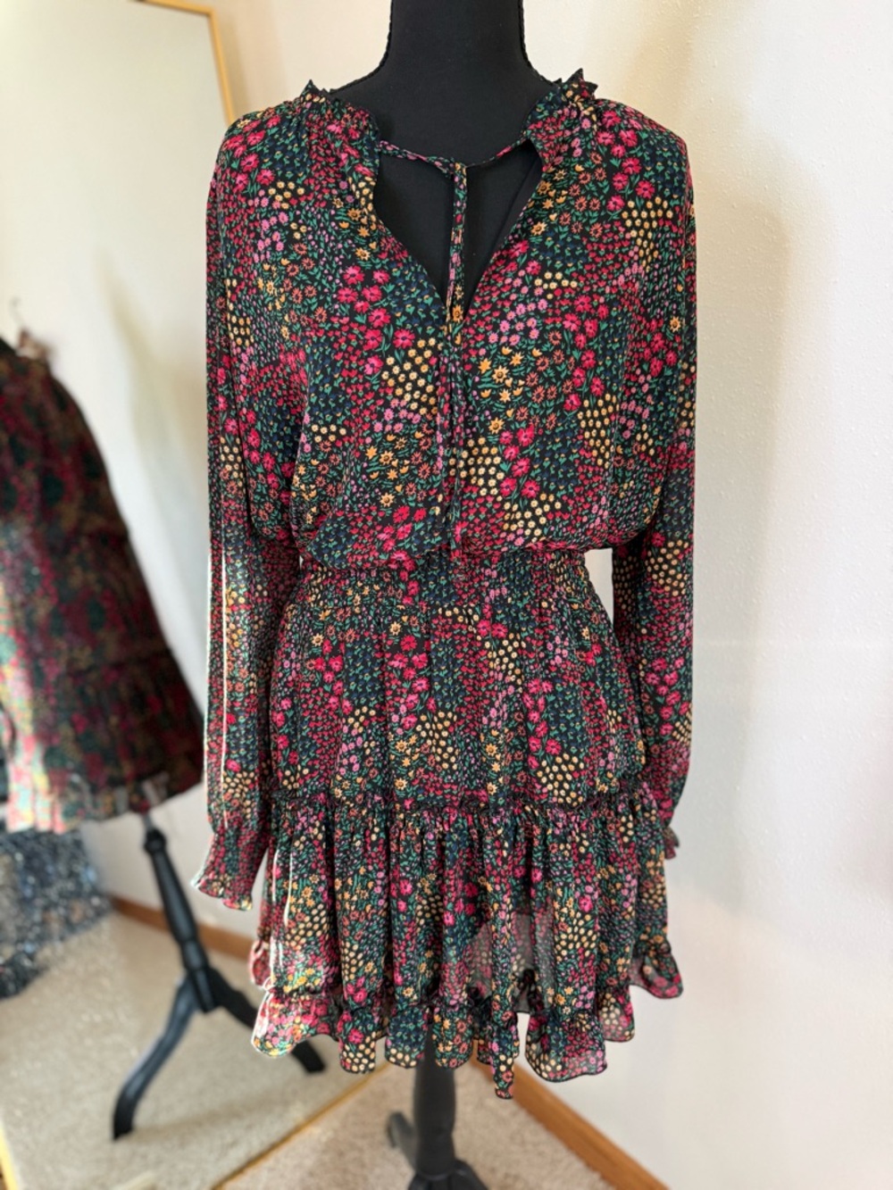 Apricot Floral Ruffle Mini Dress Size 6 Long Sleeve Tie Neck